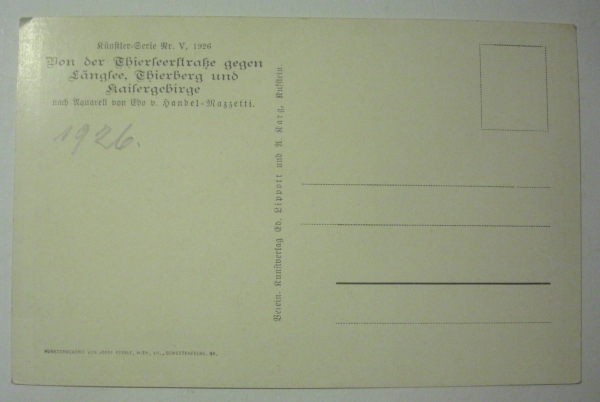 Ansichtskarte, Künstlerkarte Von der Thierssestraße gegen Längsee, Thierberg und Kaisergebirge (1926)